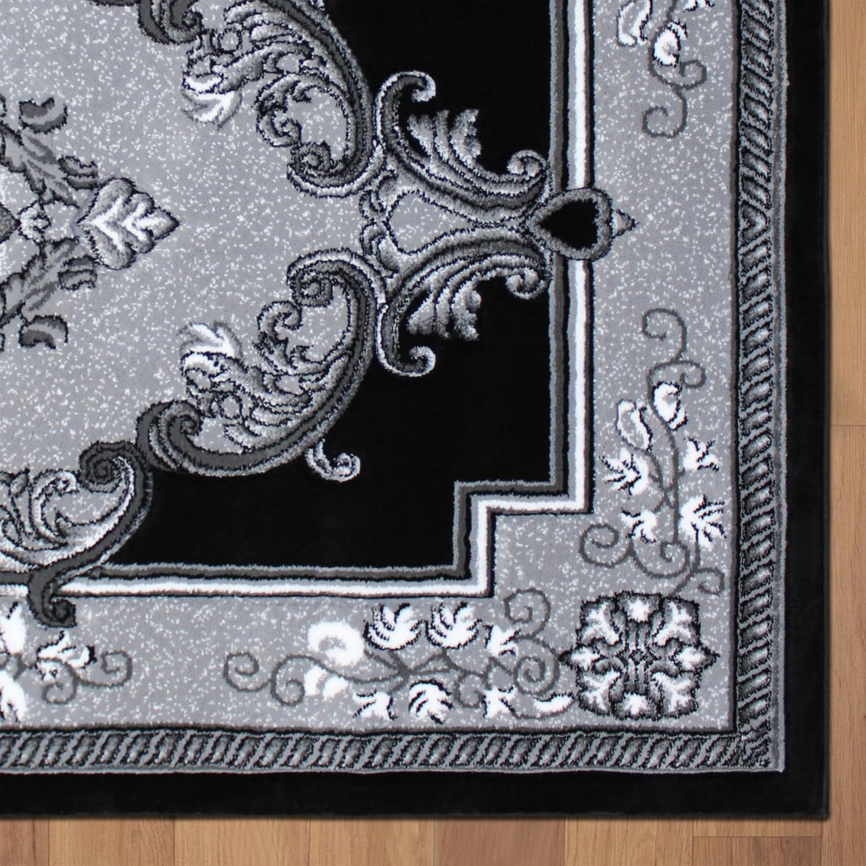 Traditional Hand-Carved Area Rug 5x7 - Black & Grey Floral Medallion