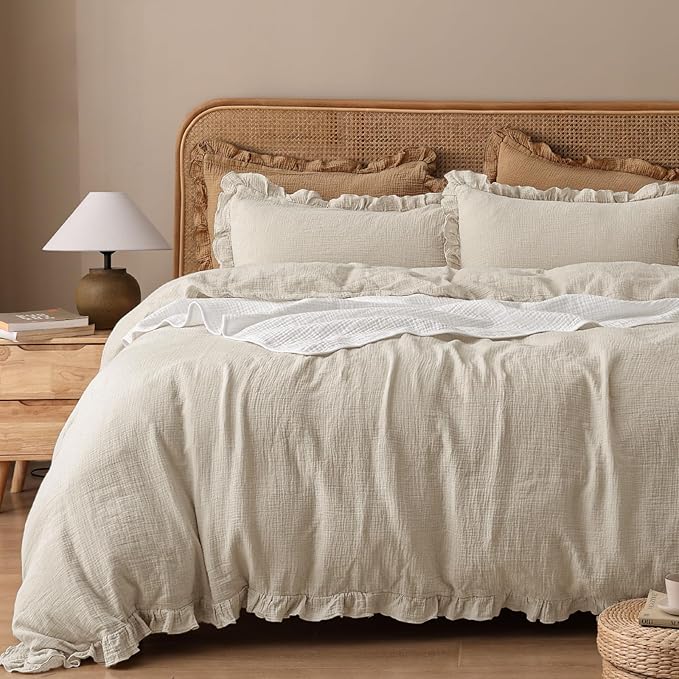 100% Natura Cotton Muslin Duvet Cover Set Queen Size, Ultra Soft Breathable Absorbent