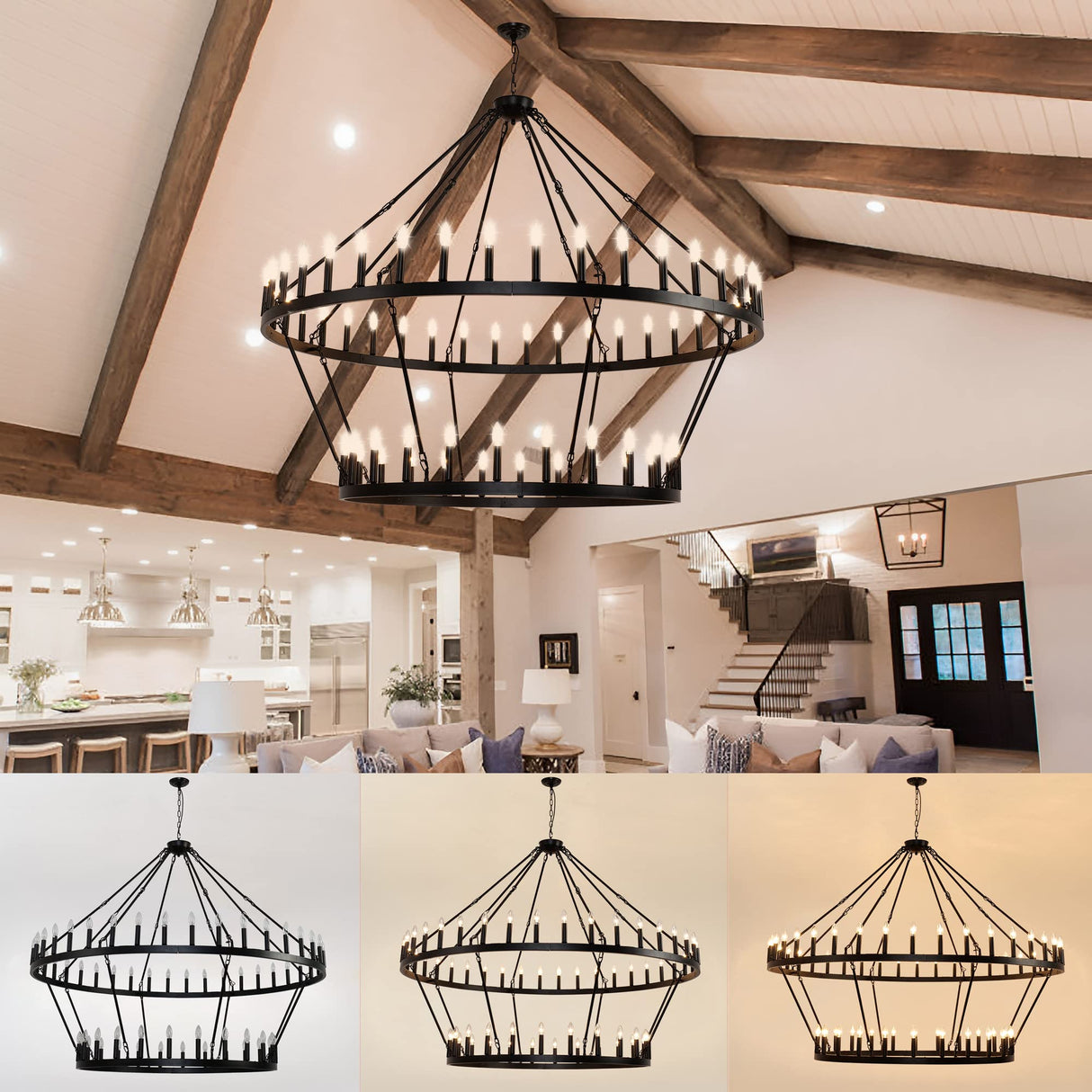 70 Inch Extra Large Wagon Wheel Chandelier 2 Tier 64-Lights Black Farmhouse Pendant