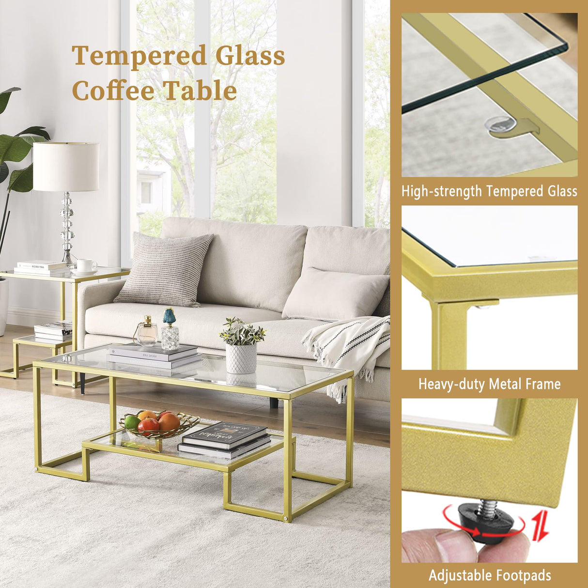 Alohappy Glass Coffee Table Modern Rectangular Coffee Table with 2-Tier Storage Shelf and Sturdy Metal Frame Center Table Easy Assembly for Living Room