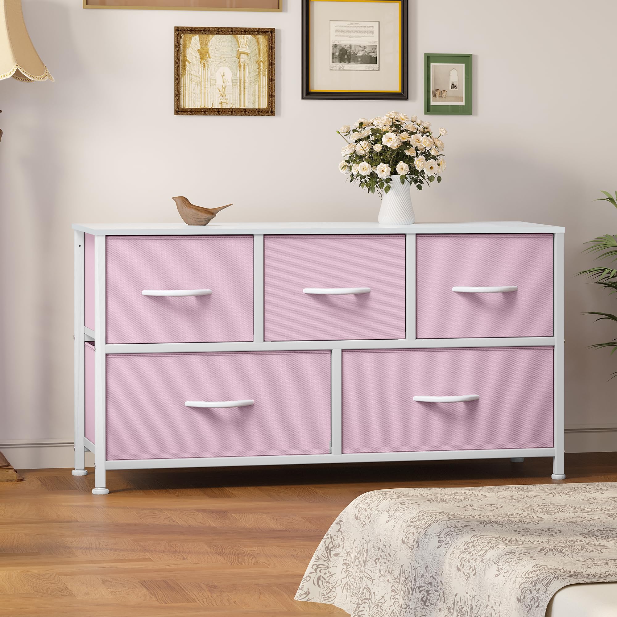 Wide Storage Tower with 5 Drawers - Fabric Dresser, Organizer Unit for Bedroom