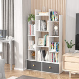 Bookshelf with 2 Drawers Free Standing Bookcase, Office Storage Shelf Organizer with 12