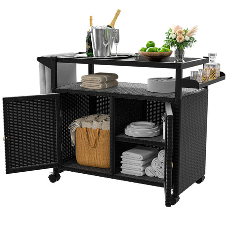 Outdoor Bar Table, Wicker Bar Cart with Cabinet, Patio Serving Cart