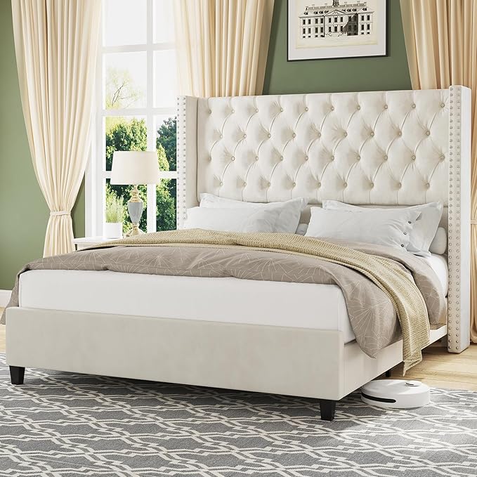 Queen Upholstered Bed Frame with Tall Headboard Wingback Platform Bed Tufted Deep