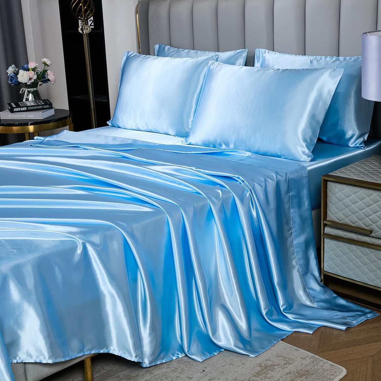 Silk Like Blue Comforter Set with Sheet Set Queen 8 Pieces Satin Bedding