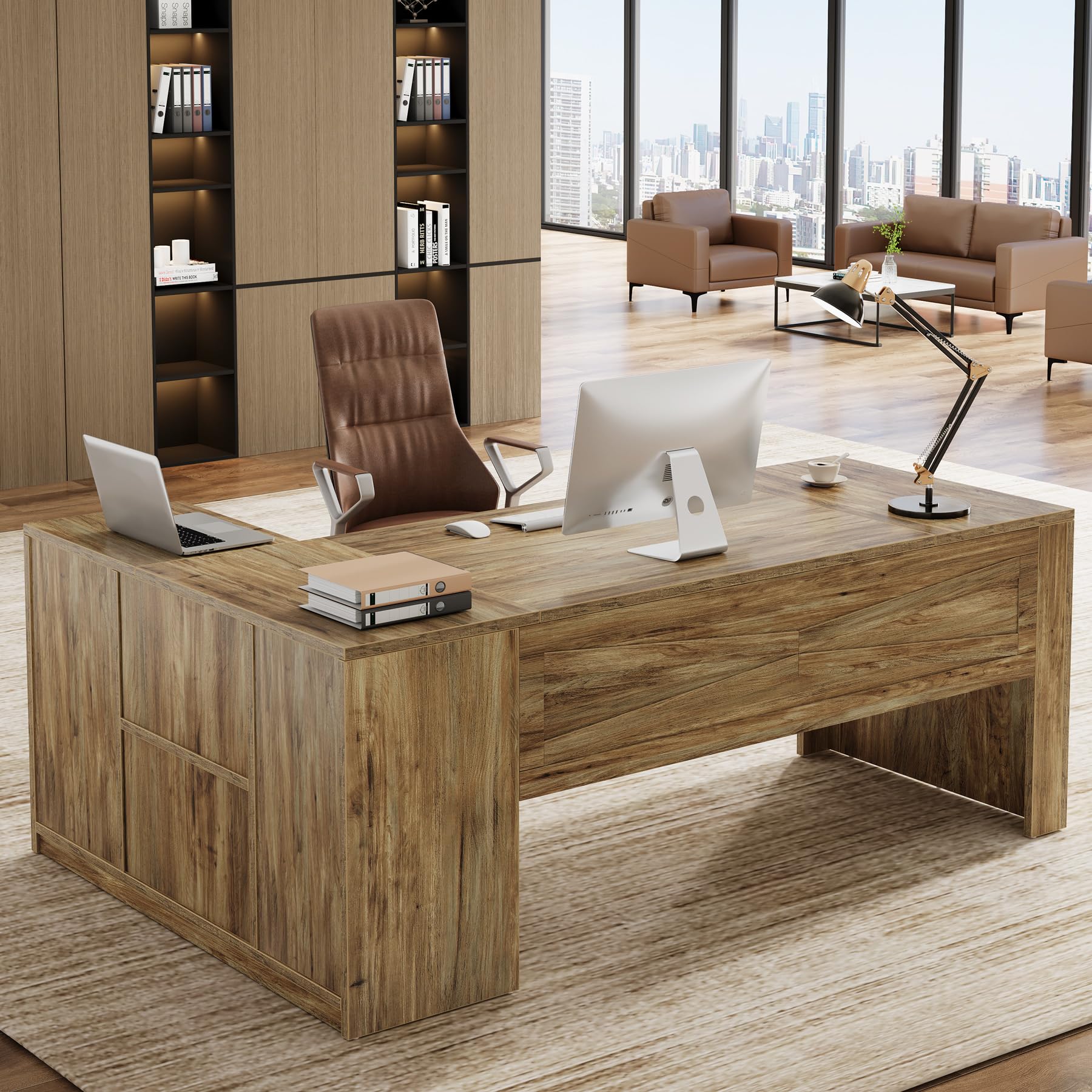 70.8" L-Shaped Executive Desk, Large Office Computer Table with File Cabinet