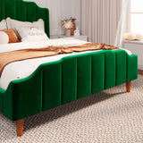 Queen Size Velvet Bed Frame Upholstered Platform Bed with Vertical Headboard