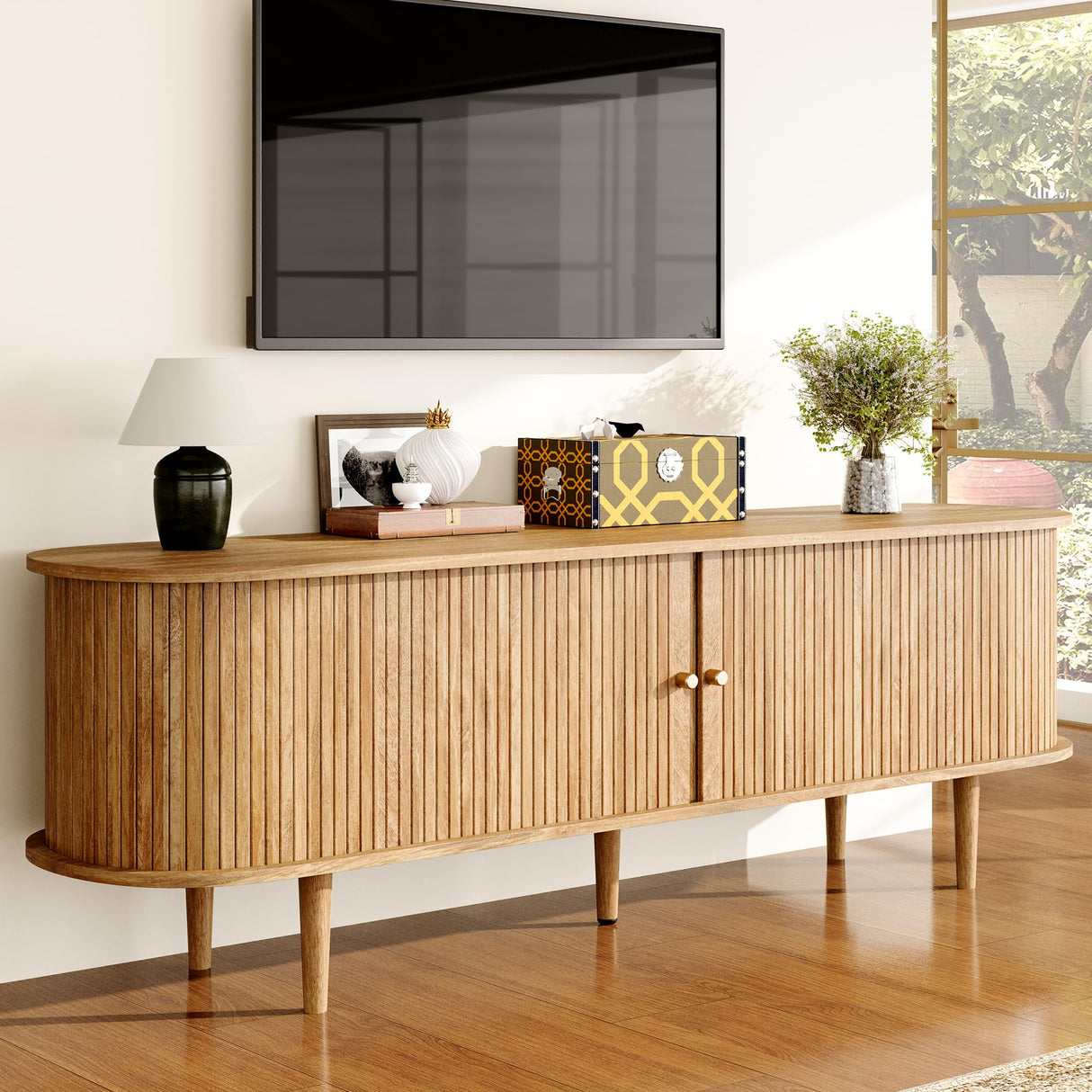 " Mid Century Modern TV Stand with Tambour Door, TV Console with Solid Wood Legs