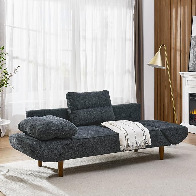 Convertible Futon Sofa Bed, Comfy Padded Loveseat Sleeper Sofa with Adjustable Armrest & Solid Wood Legs,