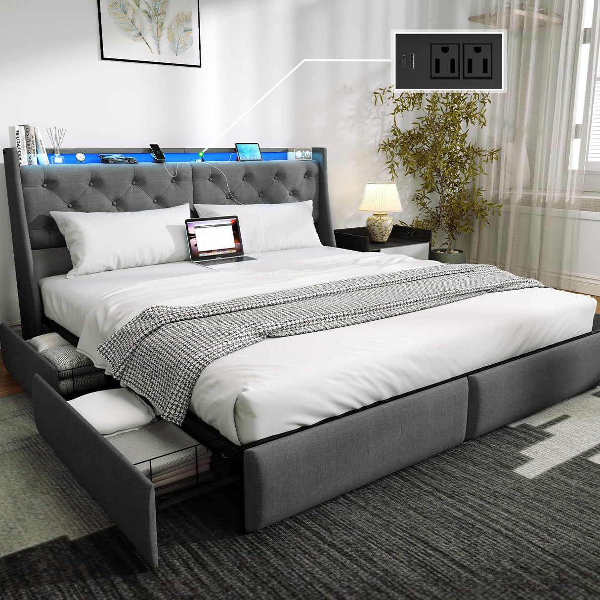 King Size Bed Frame with 4 Storage Drawers and LED Lights, King Bed Frame with Upholstered Headboard and Charging Station, Steel Slat Support, No Box Spring Needed, Noise-Free, Easy Assembly, Gray