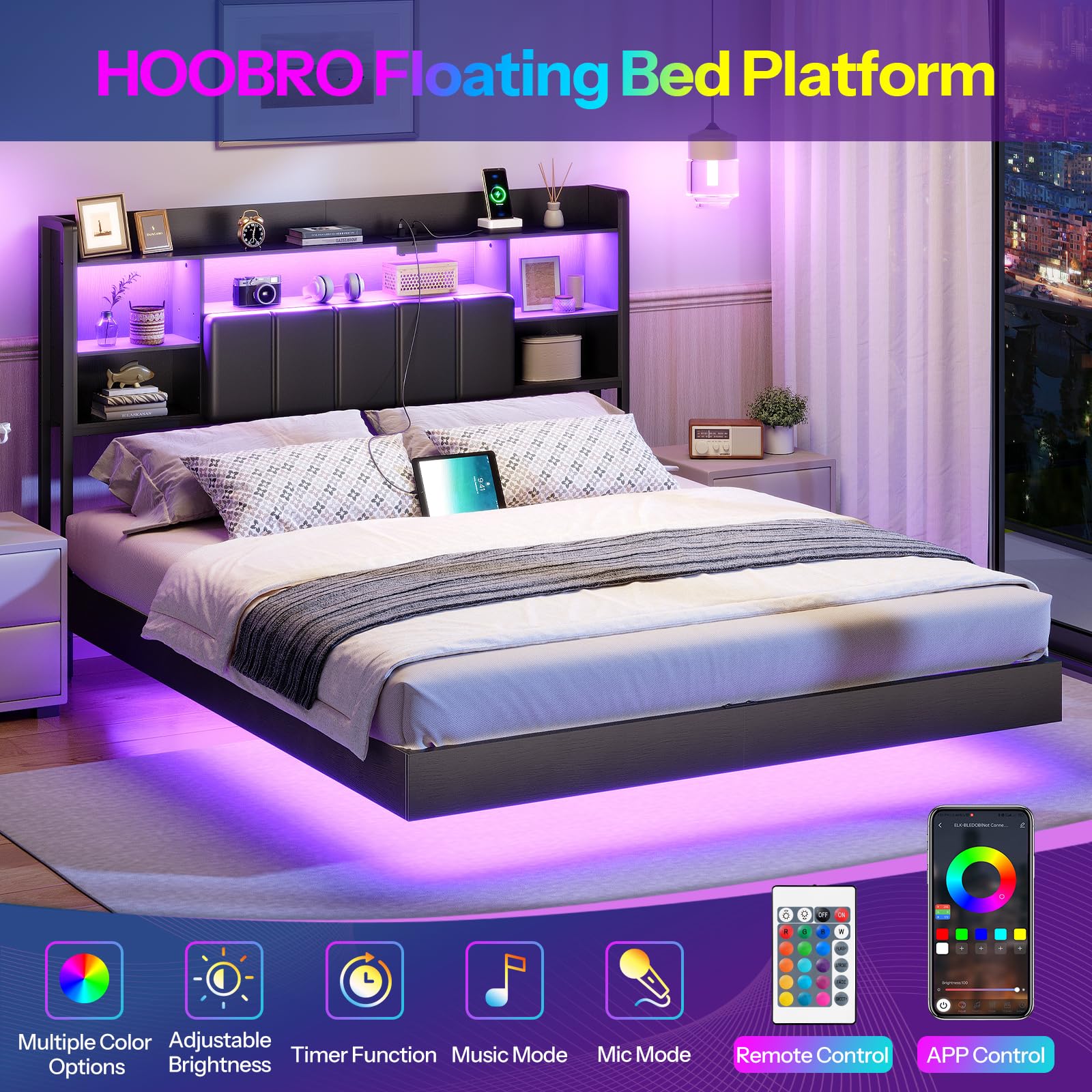 Queen Floating Bed Frame with LED Lights & Charging Station