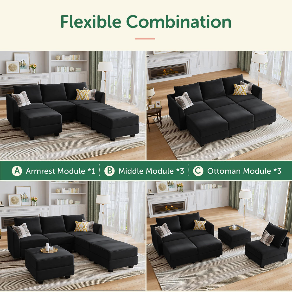 Modular Sofa Sectional Sleeper Couch with Ottoman Velvet 6 Seater Sofa with Storage