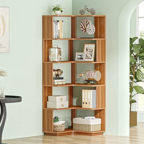 6-Tier Corner Bookshelf, 64.9 Inch Tall Bookcase with Anti-Drop Panel, Industrial Freestanding