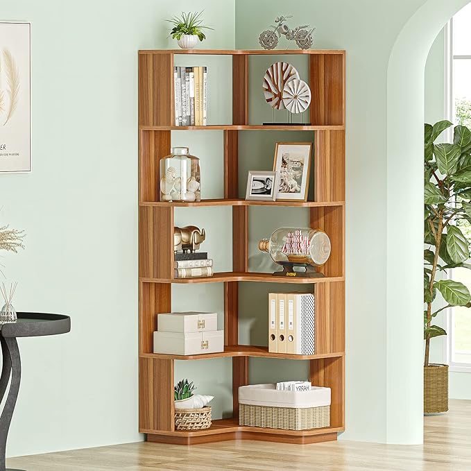 6-Tier Corner Bookshelf, 64.9 Inch Tall Bookcase with Anti-Drop Panel, Industrial Freestanding