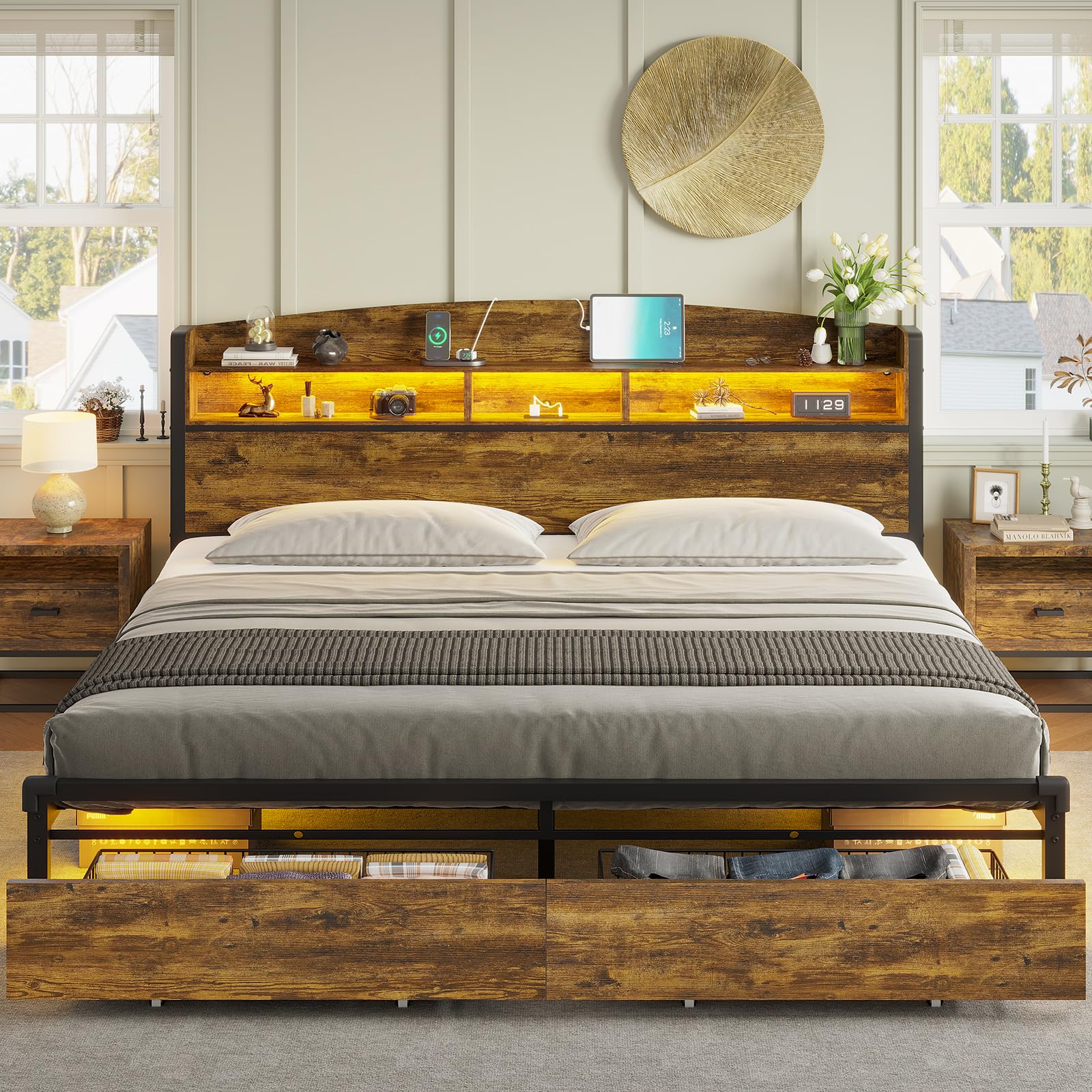 King Size Bed Frame with Storage & LED Light Headboard