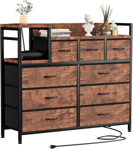 Dresser TV Stand with Power Outlet, Bedroom Dresser with 9 Drawers