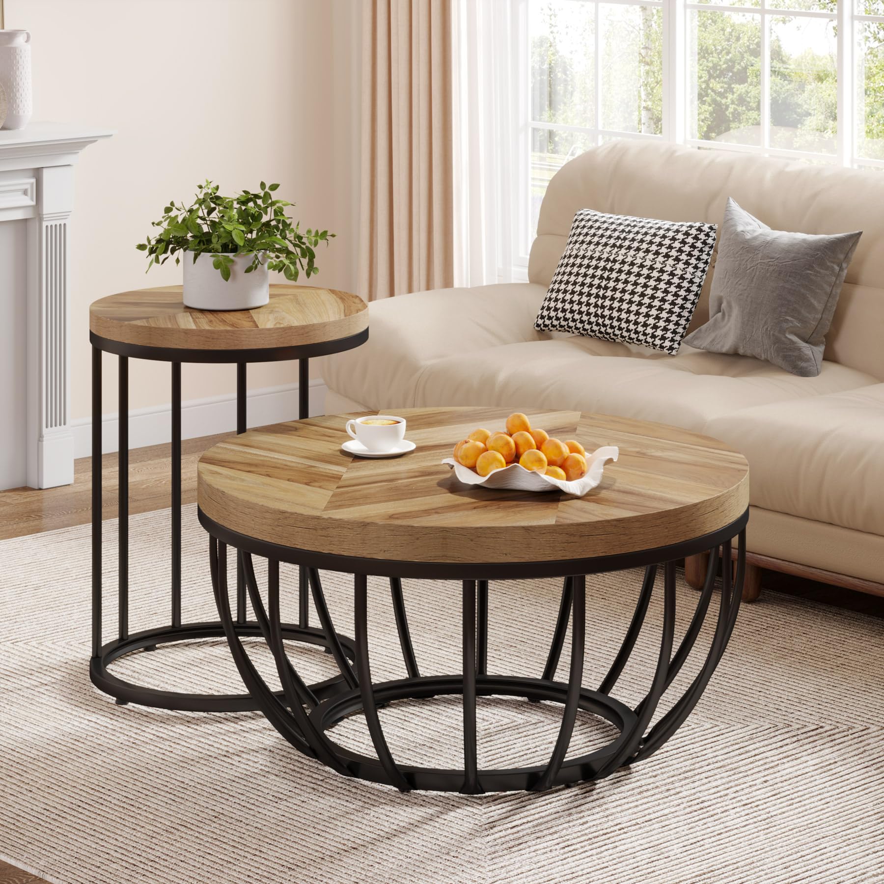 Round Coffee Table, 2 Pieces Nesting Tables with Metal Frame & Wooden Desktop
