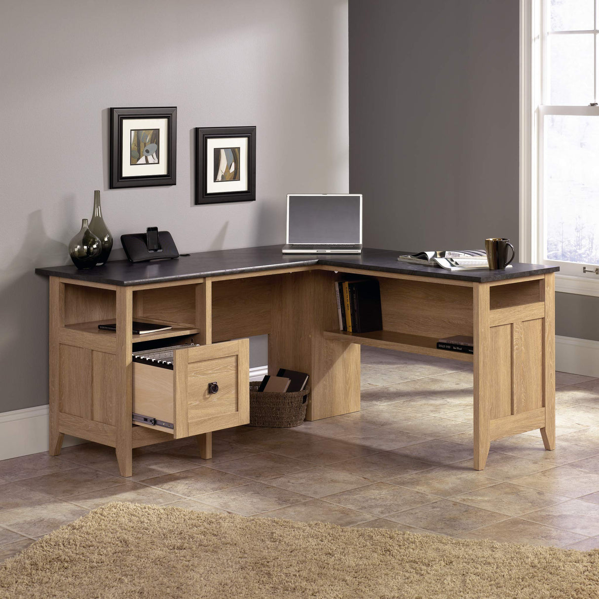 August Hill L-Shaped Desk, L: 59.06" x W: 58.74" x H: 29.25", Dover Oak finish