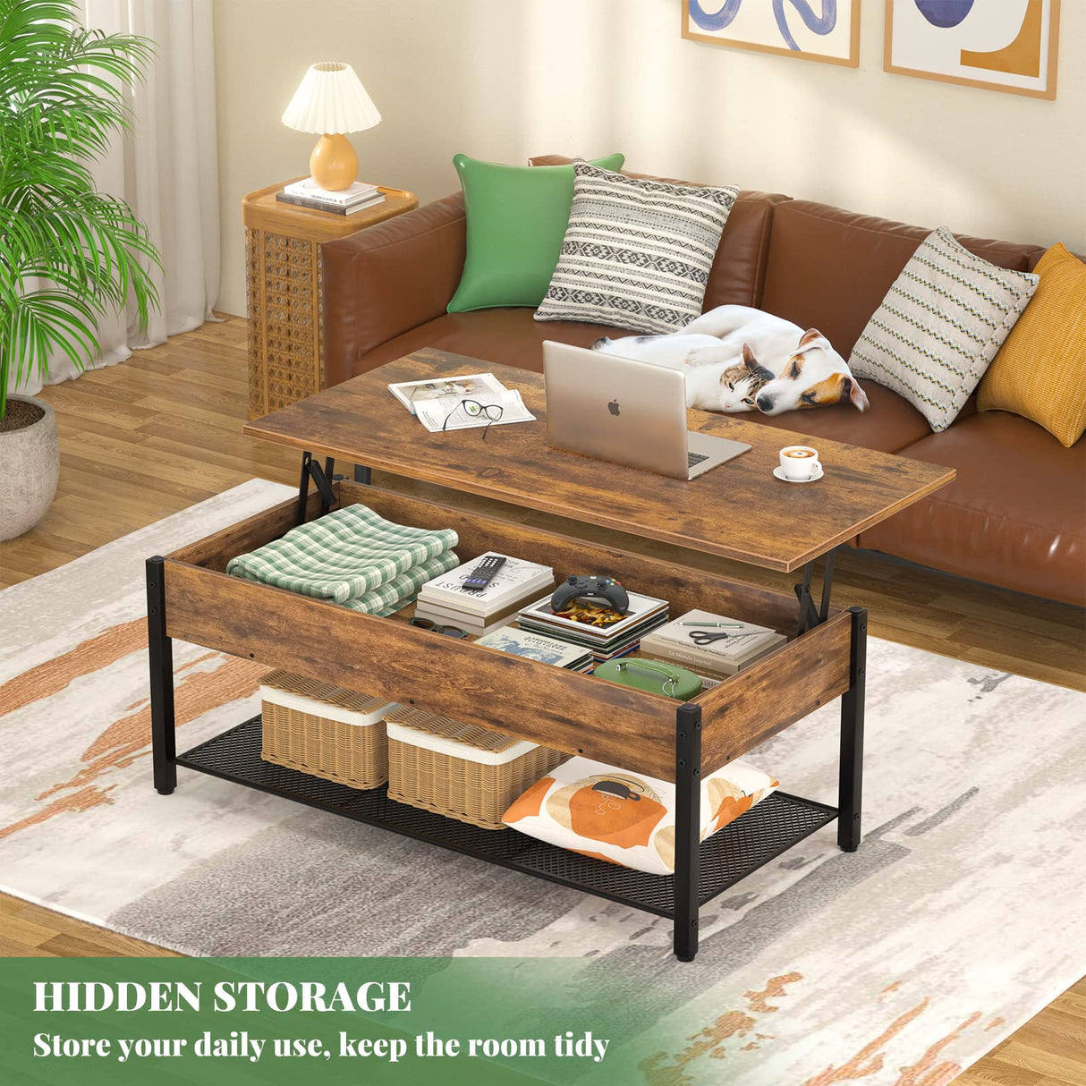 Coffee Table, Lift Top Coffee Table with Storage Shelf and Hidden Compartment