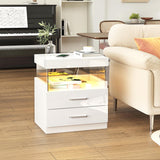 high Glossy LED Nightstand, White Night Stand with Charging Station and LED Lights,