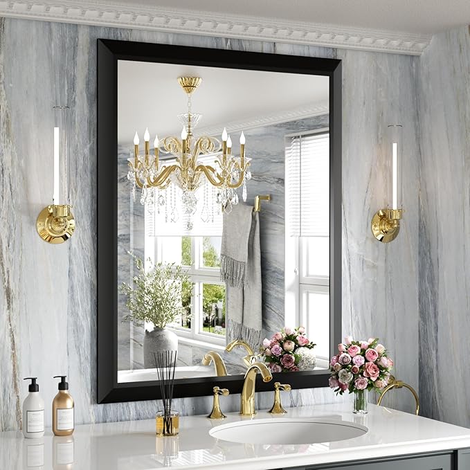 Bathroom Mirror for Over Sink, Walnut Wood Grain Metal Frame Wall Mirror