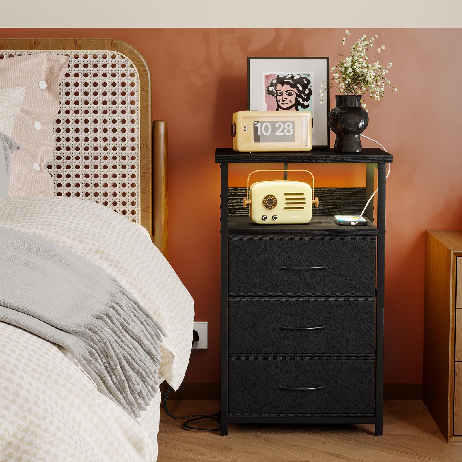 Night Stand with Charging Station, LED Nightstand with USB Ports and Outlets