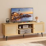 TV Stand for Living Room, for 55 Inch TV, Rattan Entertainment Center with 2 Cabinets,