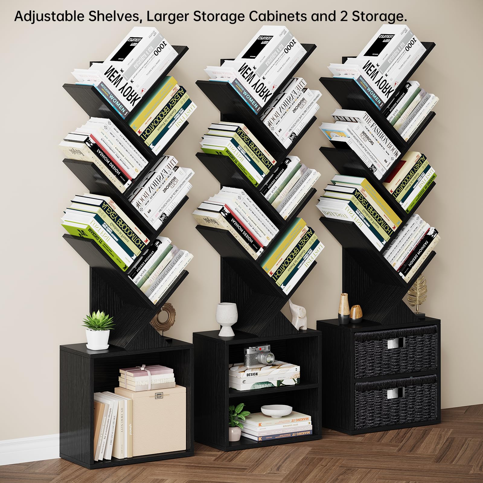 Vagusicc 6 Tier Tree Bookshelf, Modern Floor Standing Bookcase with Storage Drawer, Space Saving Storage Organizer Book Shelves for Books, Tall Wood Storage Rack for Bedroom/Living Room/Home Office
