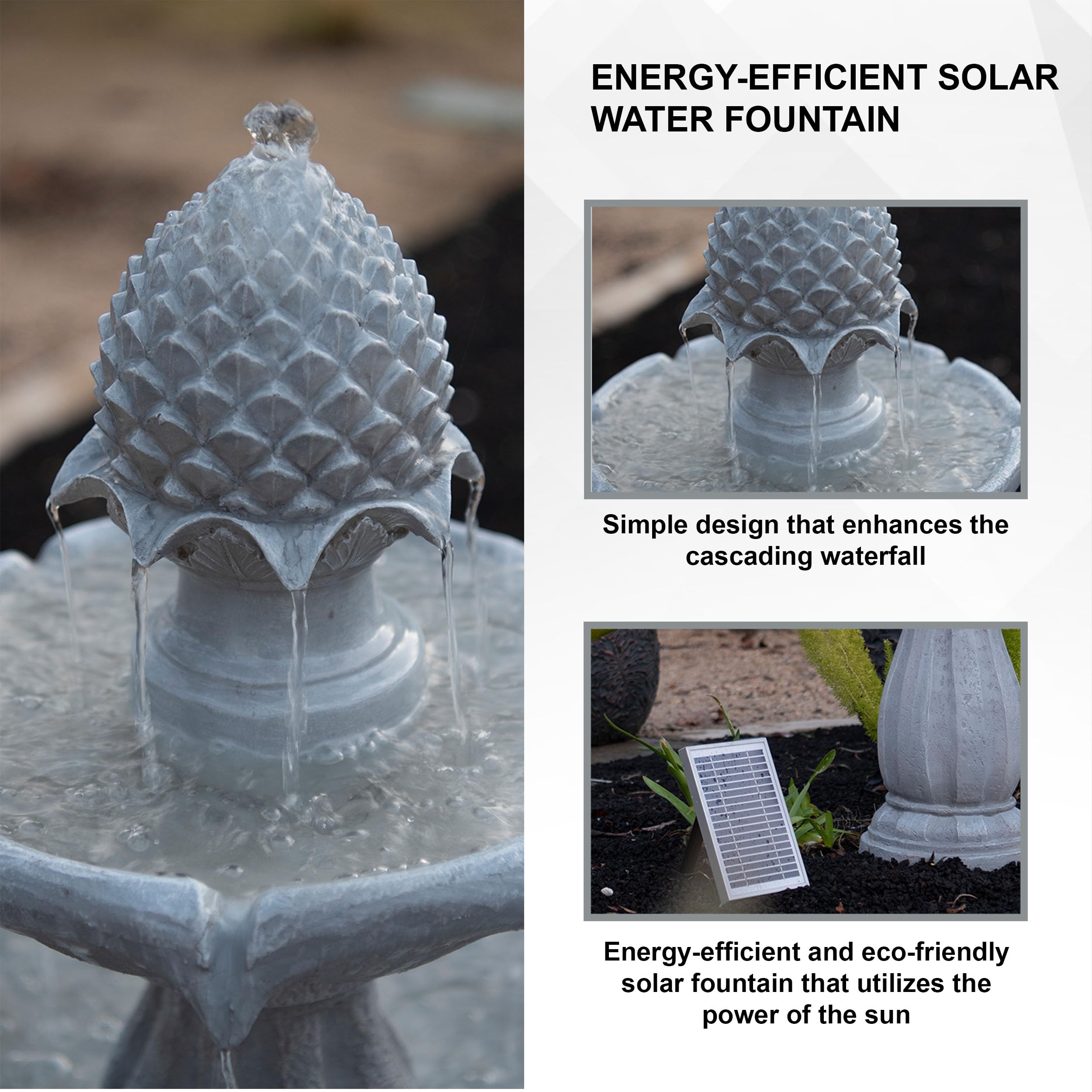 XBrand 44" Tall White Fiberglass/Resin 2-Tiered Solar Water Fountain w/Solar Panel and Auto-Shut Off Pump for Home Garden Yard Decor