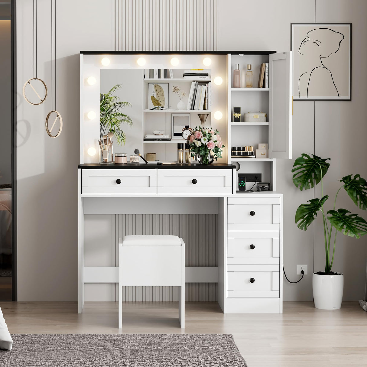 Makeup Vanity Set, Vanity Desk with Lighted Mirror& Charging Station, Makeup Vanity Desk with 5 Drawers& 3-Tier Cabinet, Dressing Table with Upholstered Stool, Wooden Vanity Table for Bedroom, White