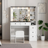 Makeup Vanity Set, Vanity Desk with Lighted Mirror& Charging Station, Makeup Vanity Desk with 5 Drawers& 3-Tier Cabinet, Dressing Table with Upholstered Stool, Wooden Vanity Table for Bedroom, White