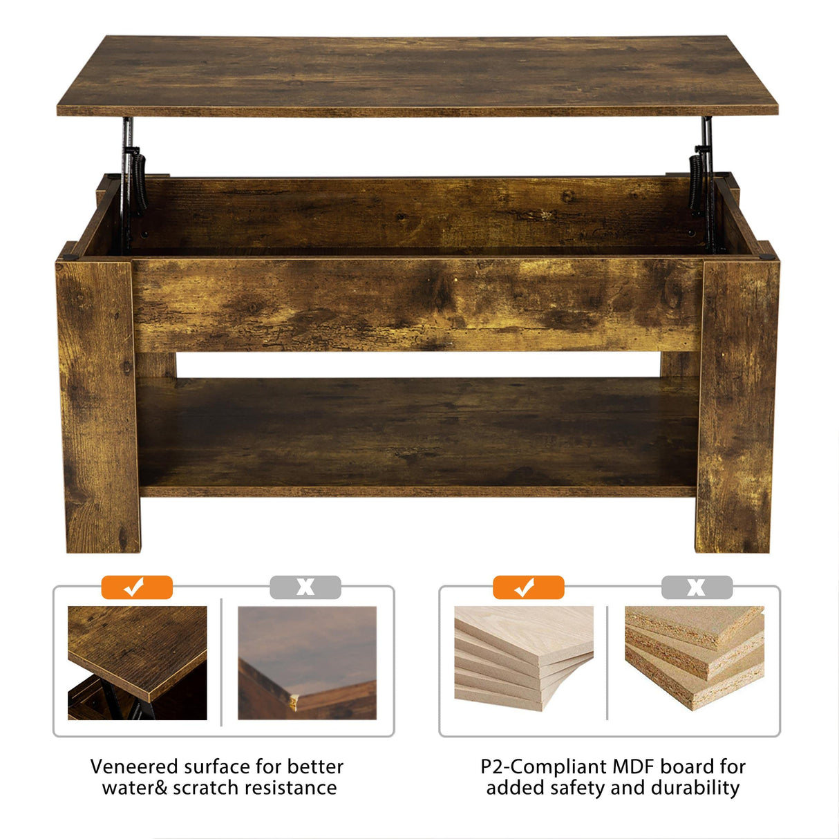 Rustic Coffee Table, Lift Up Coffee Table with Hidden Storage, Living Room Center Tables