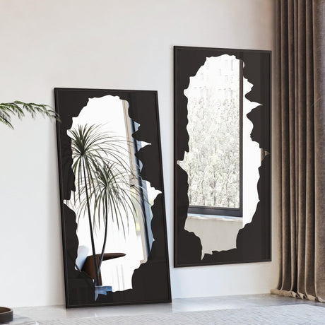 Full-Length Mirror Free Standing Leaning Mirror with Artistic Black Abstract Overlay Deco, 55"x28" Shatterproof Wall-Mounted Mirror, Perfect for Living Room, Bedroom, Cloakroom, and Bathroom Decor