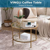 25.6" Round Gold Coffee Tables for Living Room, 2-Tier Glass Top Coffee Table