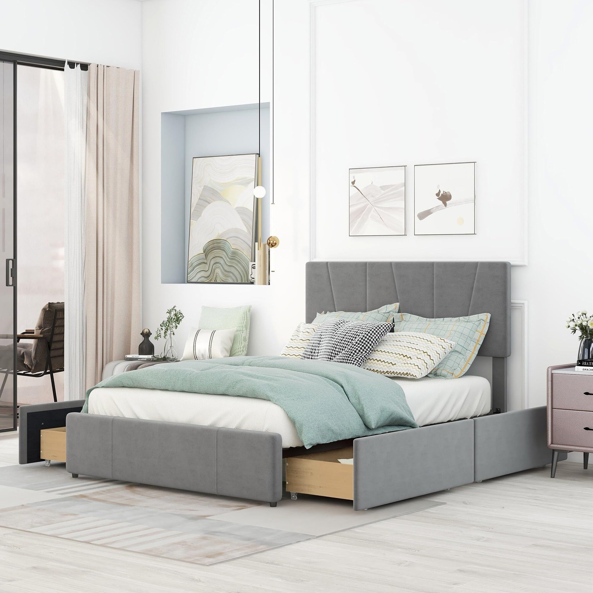 Upholstery Platform Bed with Four Drawers on Two Sides Grey - Full
