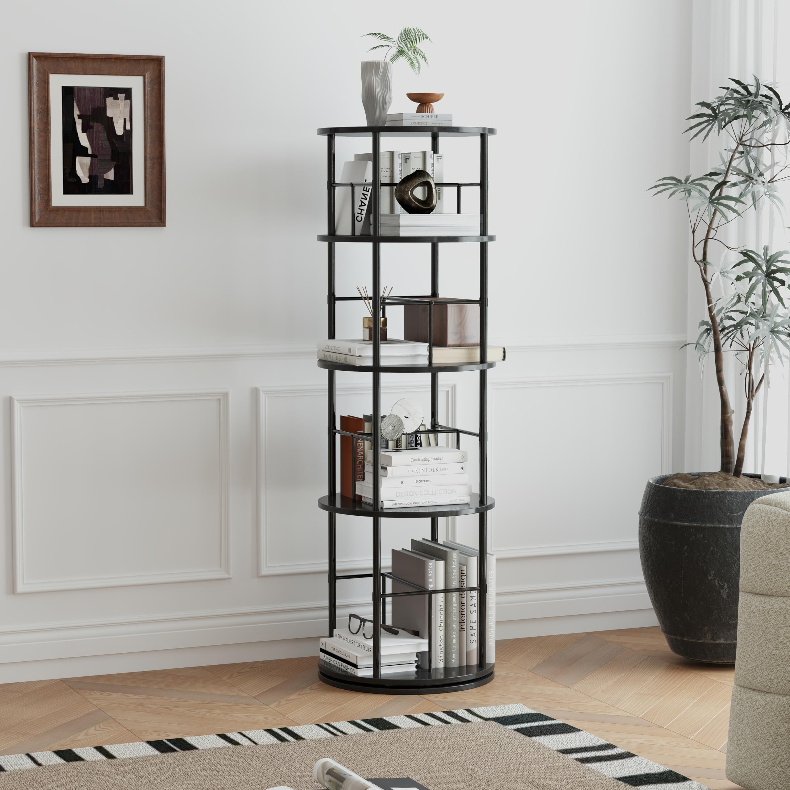 Rotating Bookshelf 4 Tier Wood Floor Standing Bookcase with Metal Frame for Open Storage Small Corner Bookshelf for Small Space Narrow Bookshelf for Living Room Study Room Office