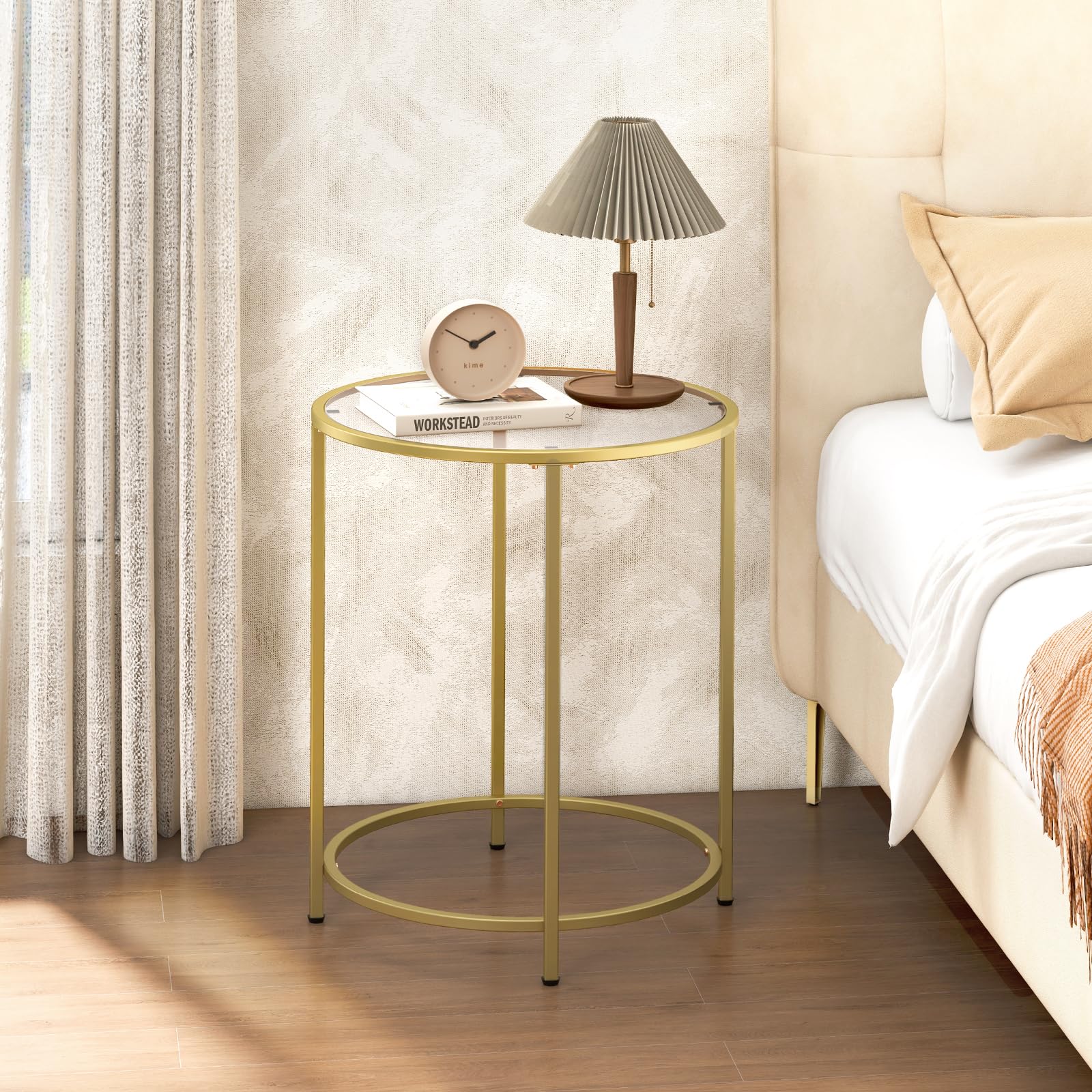 19.7’’ Round Glass End Table, Round Bedside Table with Tempered Glass Top