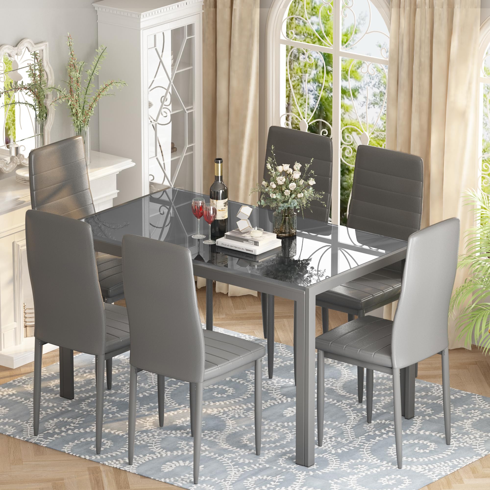Glass Dining Table Set with 6 Chairs