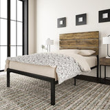 Queen Size Platform Bed Frame with Wooden Headboard and Metal Slats/Rustic Country