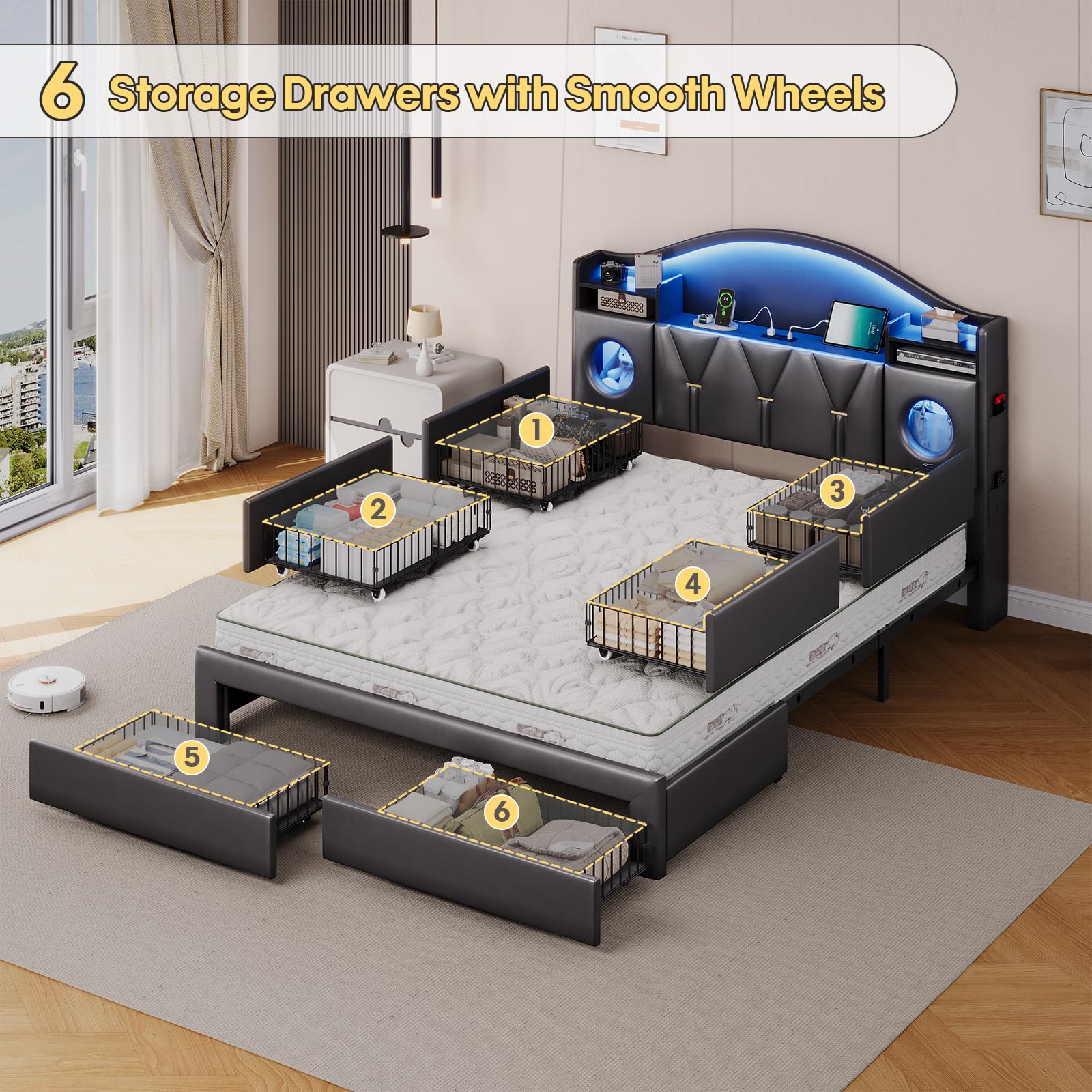 Queen Bed Frame with Storage Headboard and 6 Drawers