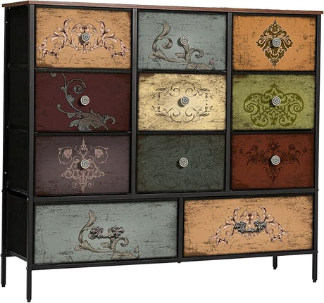 Wide TV Stand Modern TV Console, 11 Drawers Tall Dresser for Bedroom, Fabric Storage