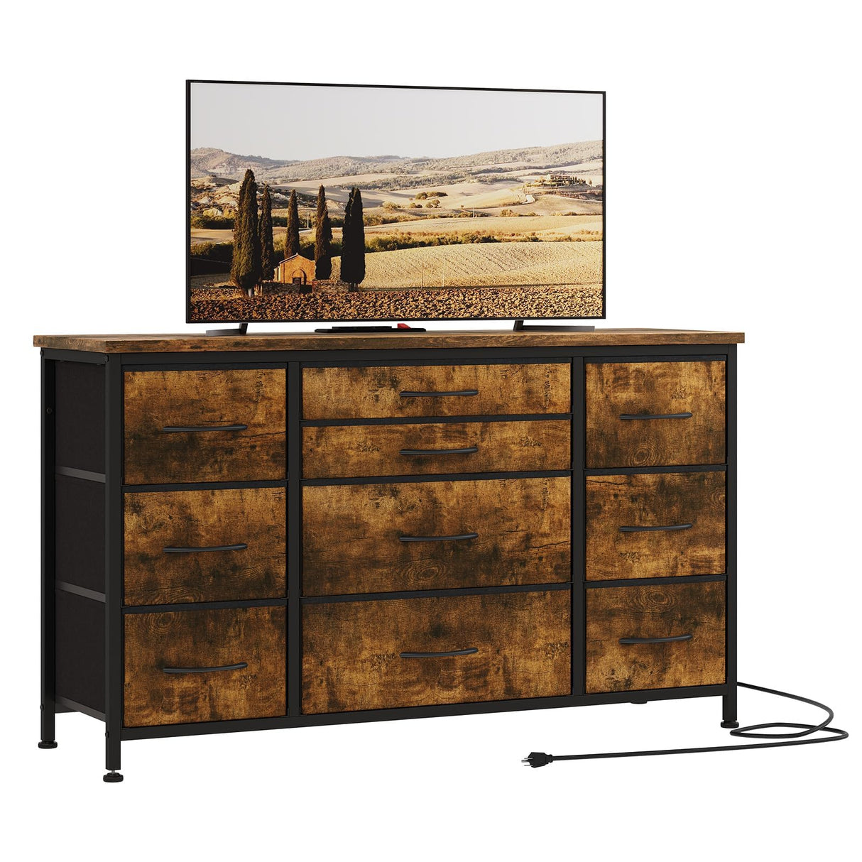 Dresser, 55 Inch TV Stand with Power Outlet Entertainment Center, Fabric Drawer Storage