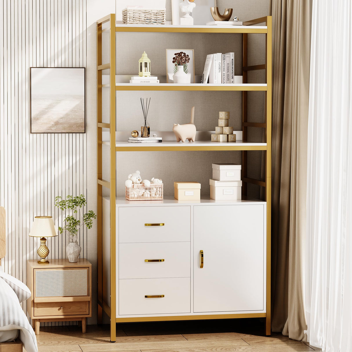 71" Tall Bookshelf with Storage Cabinet, Bookcase with Doors, Inter Adjustable shelf, 3 Wooden Drawers, 4 Tier Open Shelves, Modern Display Rack for Living Room, Kitchen, Home Office, White and Gold