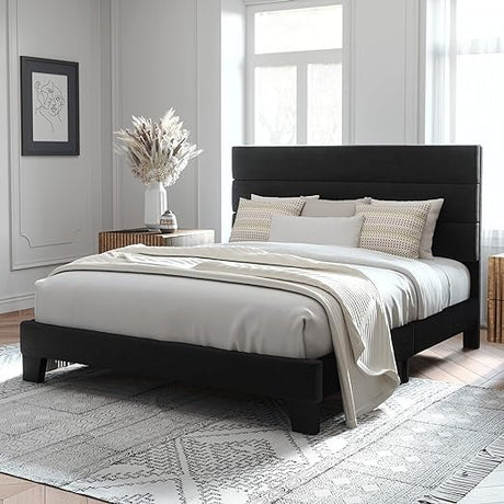 King Size Platform Bed Frame with Velvet Upholstered Headboard