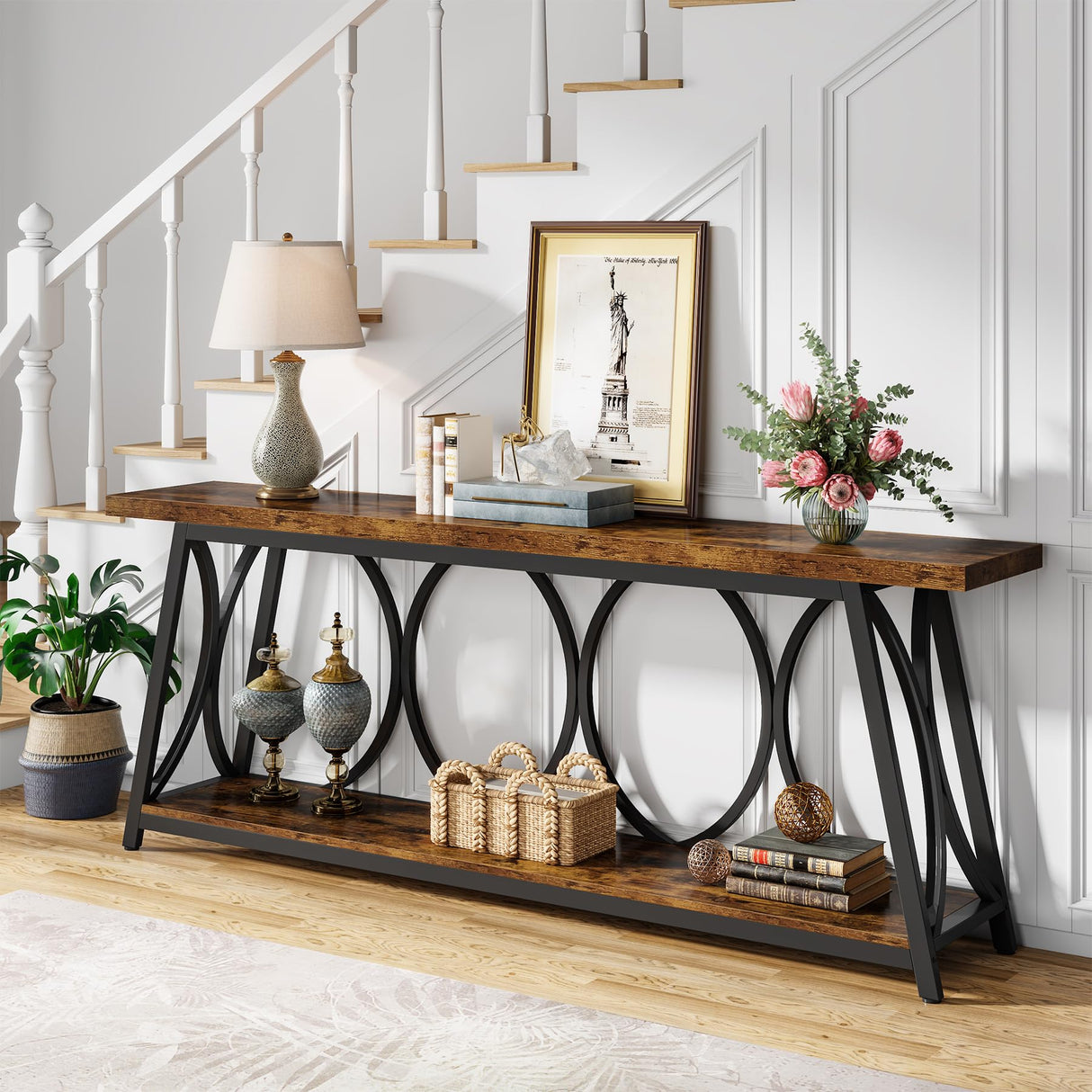 70.9 inch Extra Long Console Table, Industrial Sofa Table Behind Couch with 2 Tier Storage Shelf