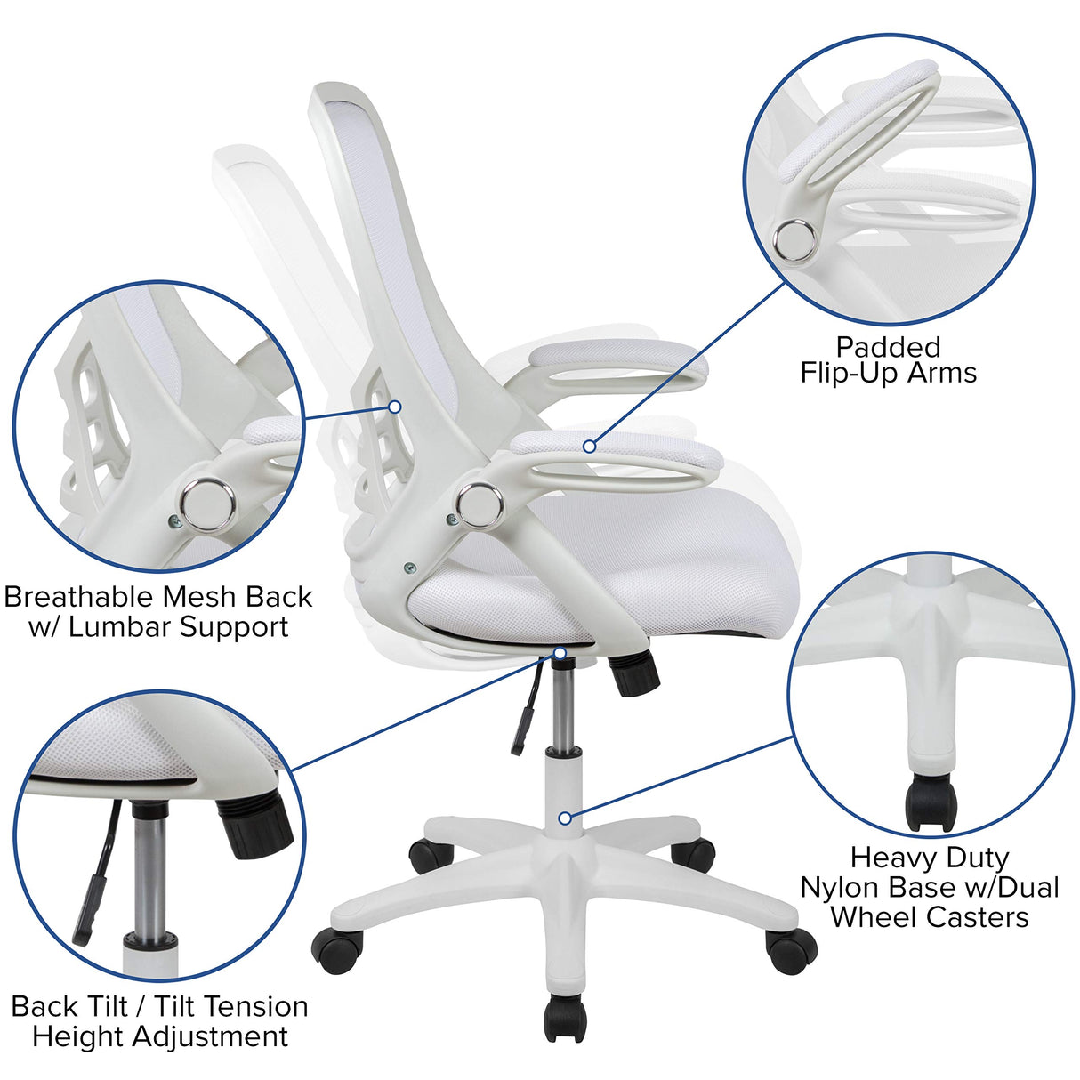 Flash Furniture Porter High-Back Swivel Office Chair with Adjustable Lumbar Support and Height, Ergonomic Mesh Desk Chair with Flip-Up Armrests, White