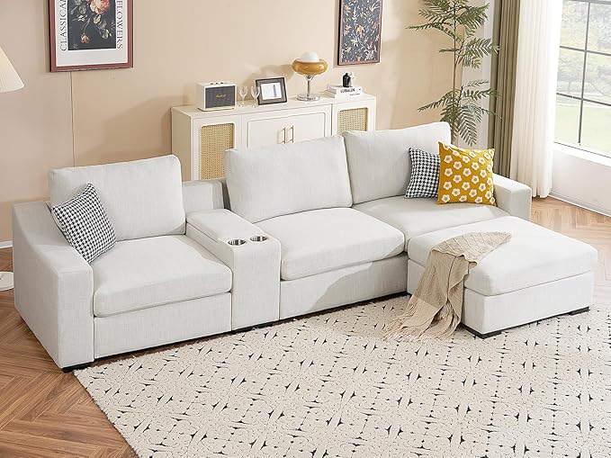 Oversized Sectional Fabric Sofa with Console, 2 Cup Holders and Storage Space