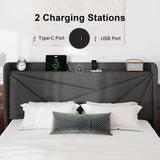 King Size Bed Frame, Modern Bed Frame with Charging Station, Wingback Storage