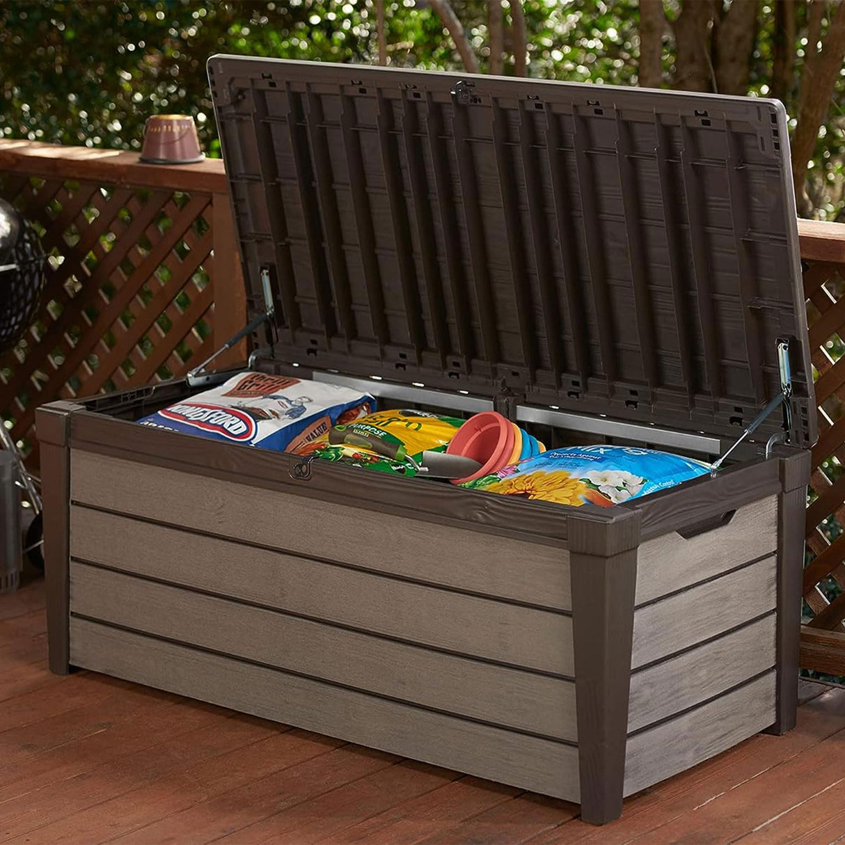 Outdoor Storage Deck Box, for Patio, Backyard & Garden, Brushwood, 120 Gal, Brown