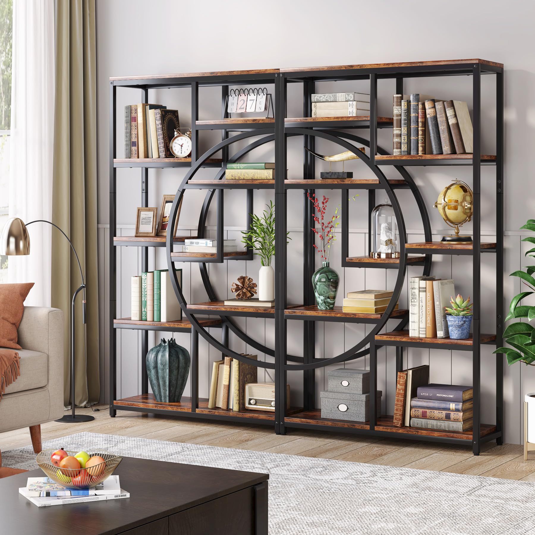 Bookshelf Industrial 5 Tier Etagere Bookcase, Freestanding Tall Bookshelves Display